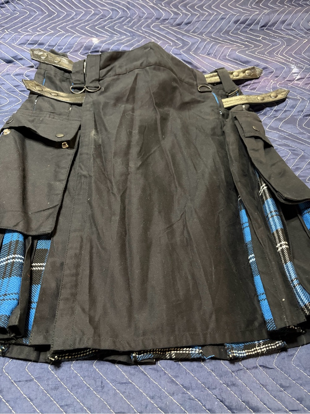 Men’s Black and Blue Plaid Pleated Utility Kilt Skirt - Picture 2 of 7